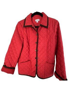 Vtg Joan Rivers Womens S Red Quilted Jacket Brown Trim Snap Pockets Light